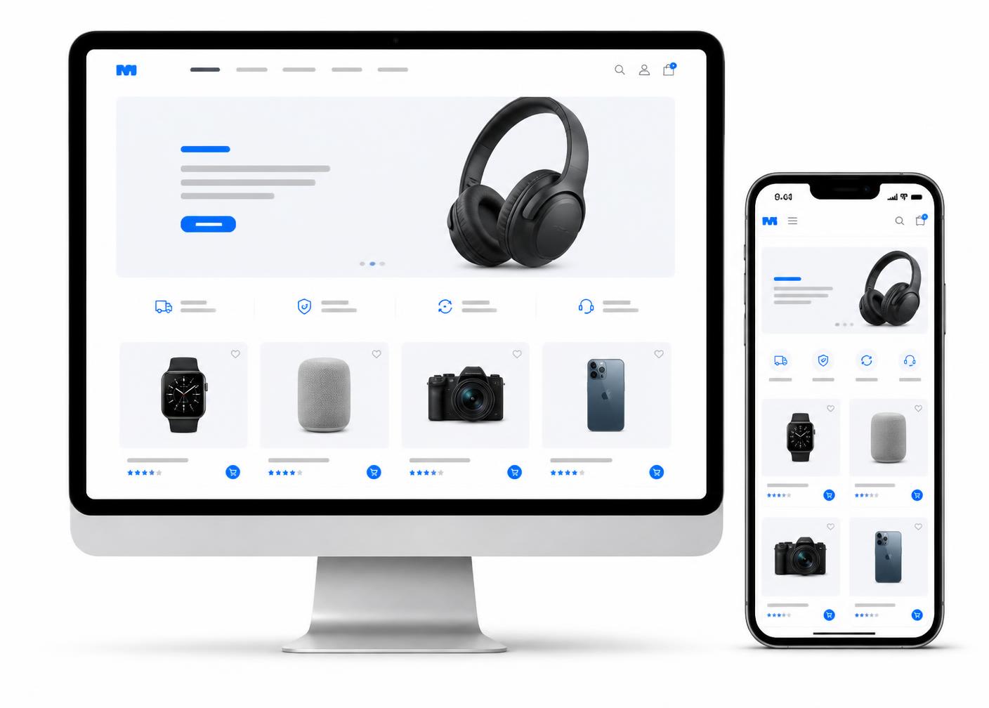 Mockup de e-commerce desenvolvido pela Evoquex em desktop e celular